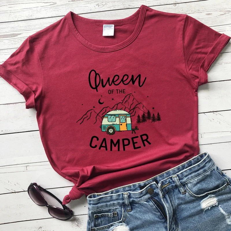 Colored Queen Of The Camper T-shirt Aesthetic Hipster Summer Vacation Tshirt Cute Women Camping Outdoor Top Tee Shirt