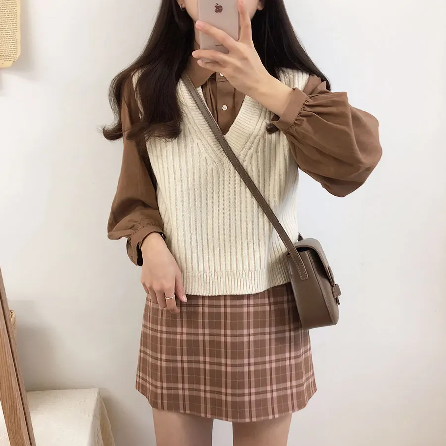 winter knitted top pullover v neck sleeveless design korea Japanese preppy style girls bow tie sweater woolen vest vest 10327