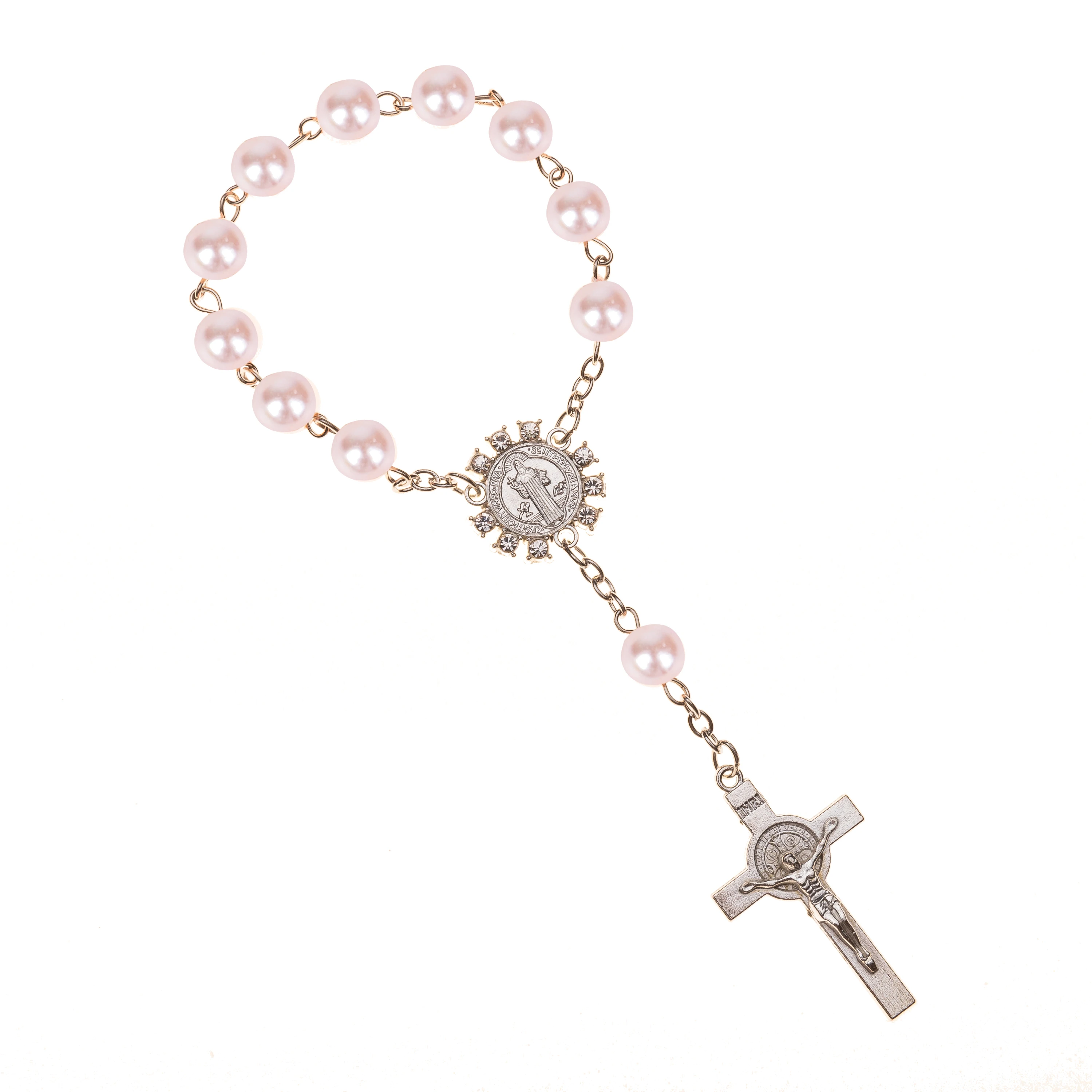 10pcs Imitation Pearl Beads Catholic Rosary Catholic Holy Communion silver color Wings Crucifix Pendants Cross Bracelet gift