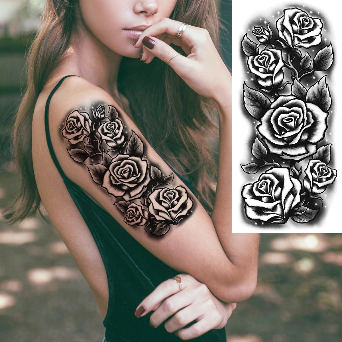 Black Realistic Rose Flower Temporary Tattoos For Women Adult Girl Peony Realistic Fake Tattoowashable Half Sleeve Tatoos Decal