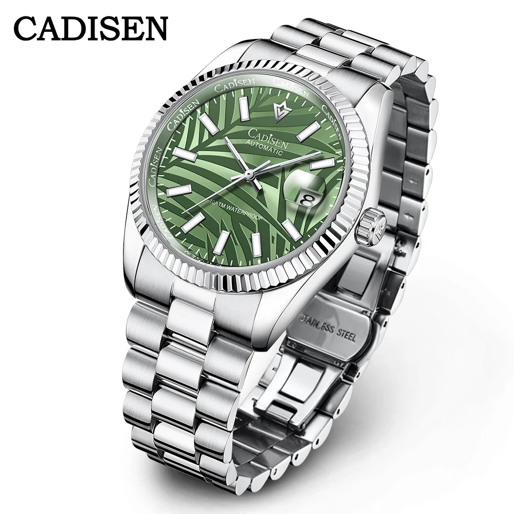 CADISEN Automatic Watch Men Mechanical Watches Olive Green Palm Motif Dial 316L Relogio Masculino 100M Waterproof Wristwatch