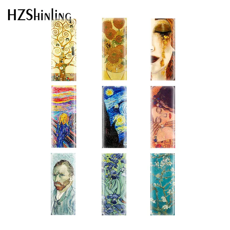 10pcs 10*25mm Gustav Klimt Van gohn's Art Paintings The Kiss Rectangular Glass Cabochons Jewelry Accessories