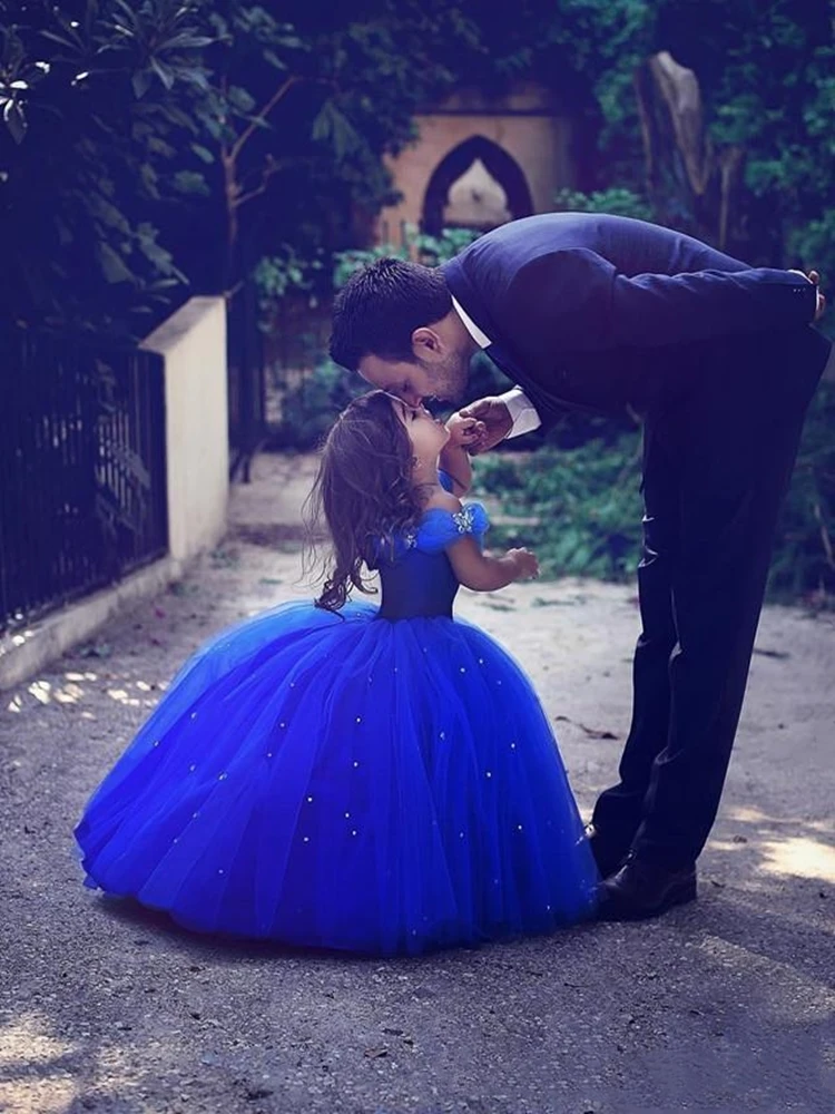 Vestidos adorables de Cenicienta para niña, ocasiones especiales para bodas, vestidos de desfile azul para niños, vestido de baile con cuentas y hombros descubiertos