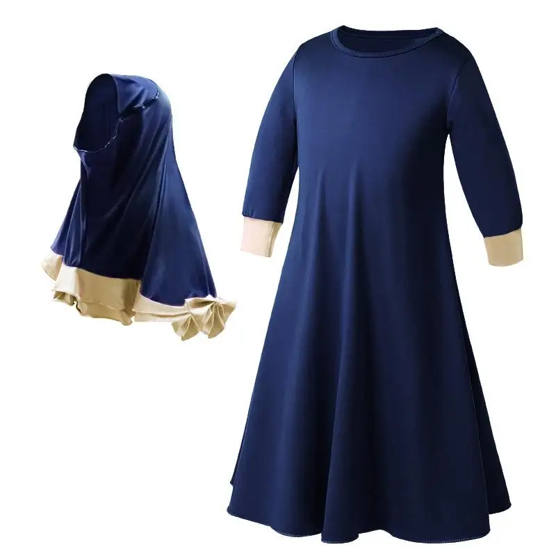 2 PCS Muslim Kids Girls Kaftan Abaya Islamic Dress Hijab Scarf Long Sleeve Maxi Dress Prayer Burka Gowns Set Clothing Ramadan