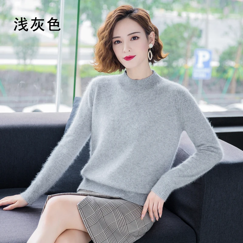 Winter 100%Mink Cashmere Women Half High Neck Fashion Knit Thick Solid Color Sweater Long Sleeve Large Size Base Warm Top 2021