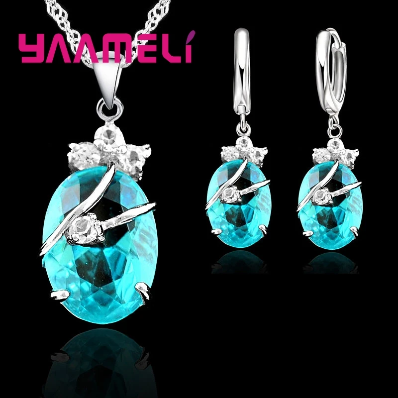 New Fashion Vintage Jewelry Sets For Women 925 Sterling Silver Crystal Stone Pendant Charms Wedding Necklace Hoop Earrings