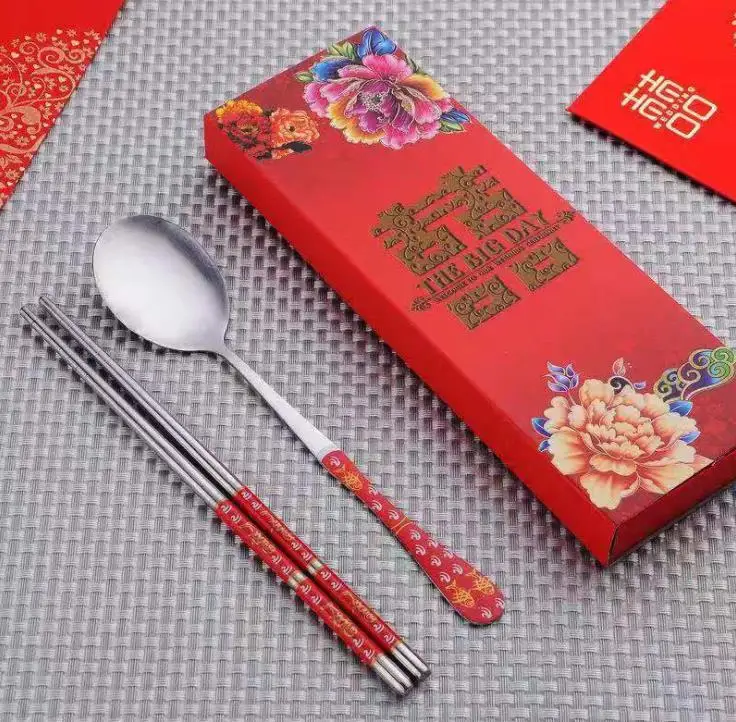 200pcs/lot Stainless Steel Dinnerware Double Happiness Red Color Spoons Chopstick Sets Wedding Party Gifts For Guest SN727