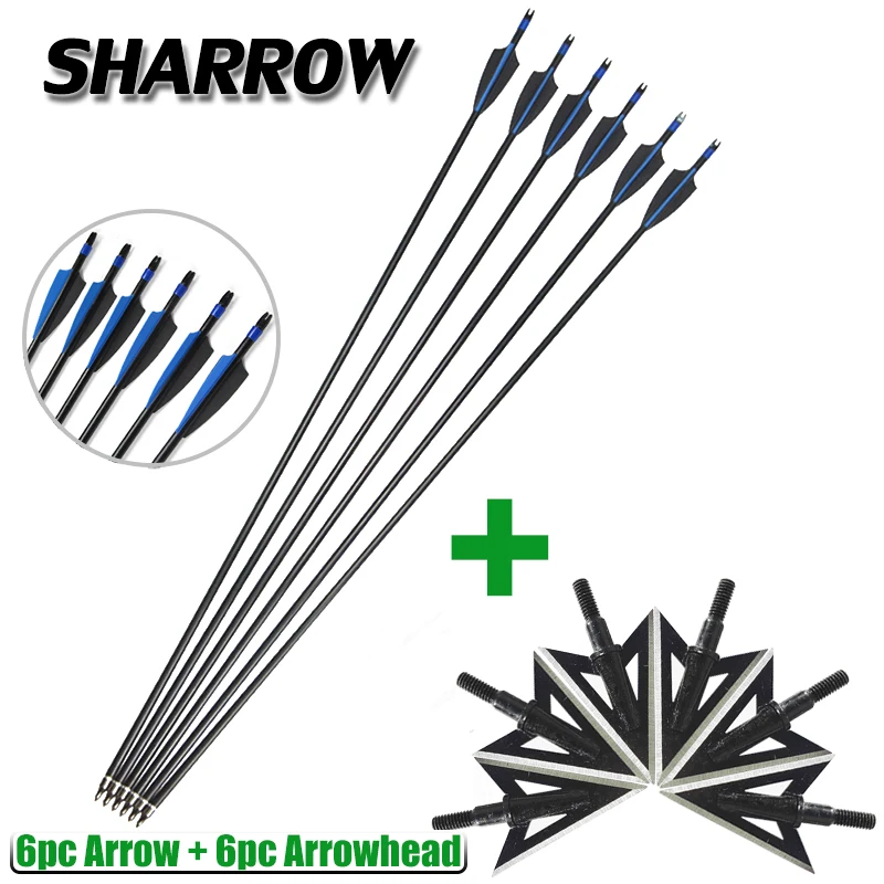 

6pcs Archery spine 500 Fiberglass Arrow And 2 Broadhead Arrowhead Set Outdoor Hunting Shooting Bow And Arrow Accessories Set