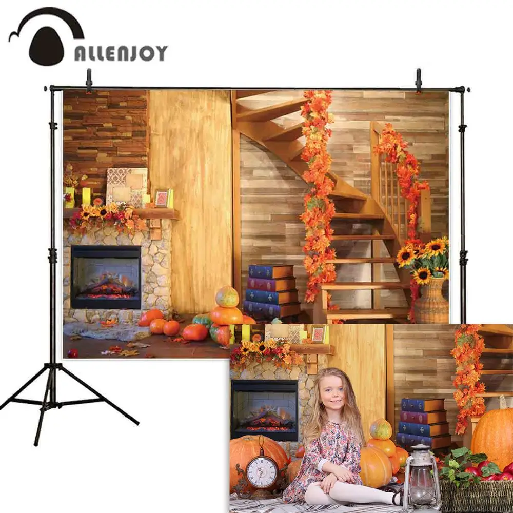 

Allenjoy Thanksgiving photophone photo background fireplace staircase autumn leaves sunflowers pumpkins photography backdrops