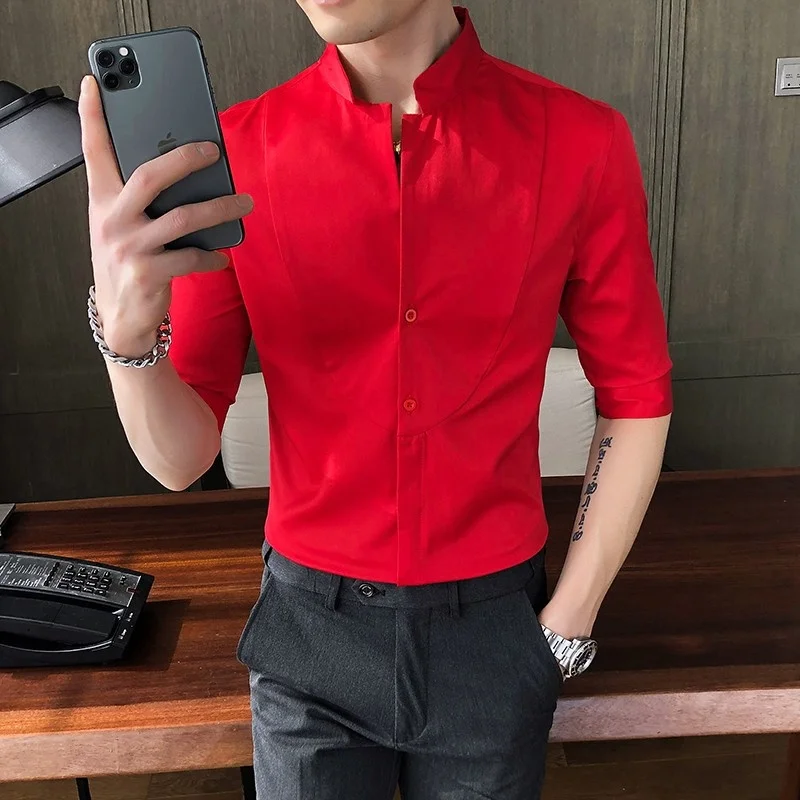 Men Summer Mid Sleeve Shirt Stand Collar Single-Breasted Slim Fit Korean Style Fashion Spliced Males Solid Business Casual Tops