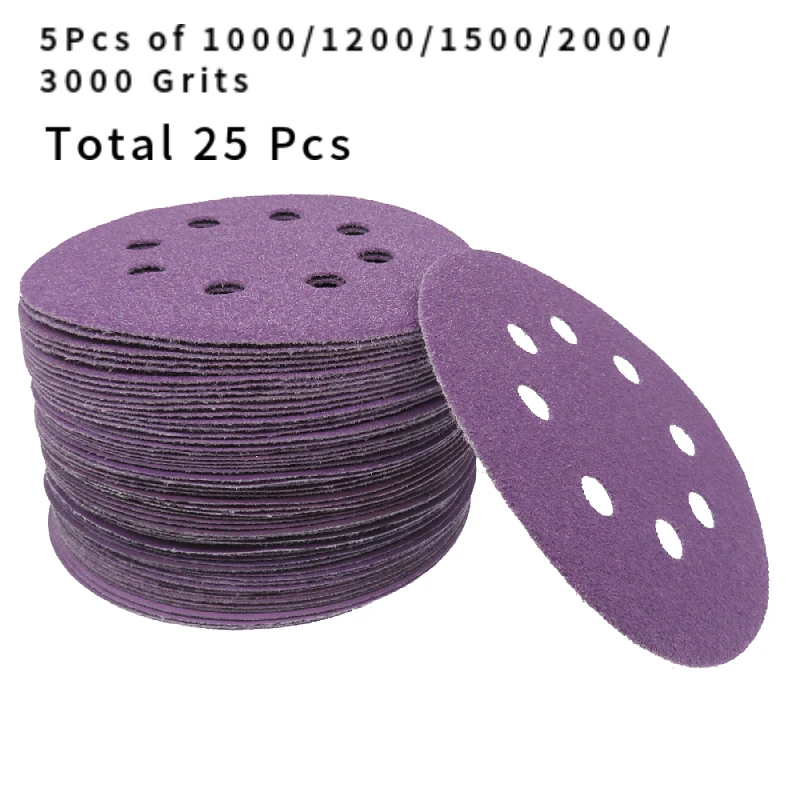 25 Pcs Sanding Discs Set 5 Inch 8 Hole Hook and Loop 1000-3000 Grit Sandpaper for Orbital Sander Woodworking Automotive Sanding