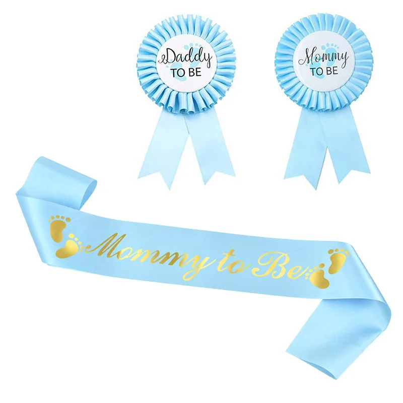 Mommy To Be Sash Daddy To Be Badge Blue Pink Baby Shower Footprint Satin Sashes for Mon Dad Baby Gender Reveal Party Decoration