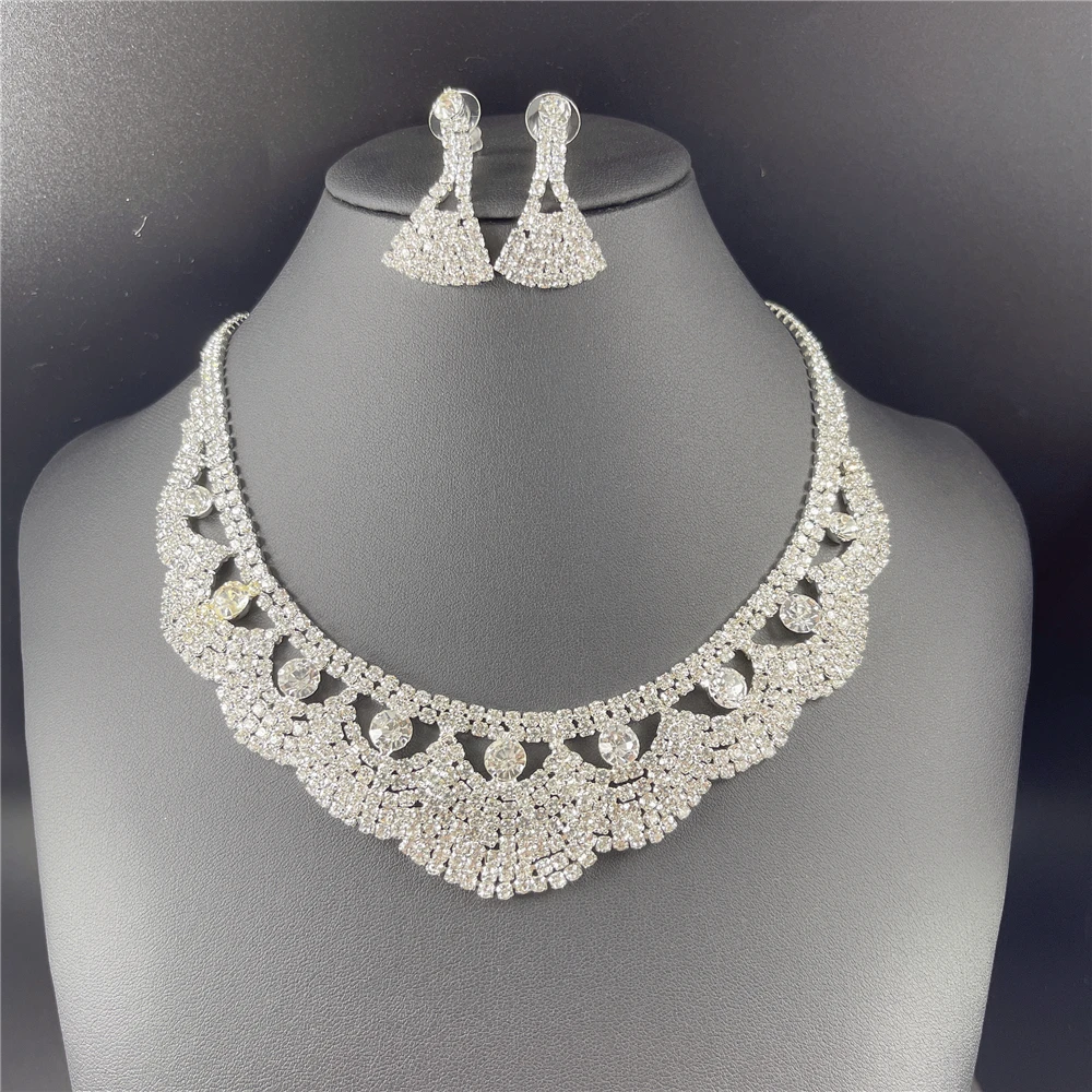 Cheap and simple Cubic Zircon Crystal Bridal Jewelry Sets Rhinestone Necklace Earrings Sets for Women Wedding Party Jewelry Gift