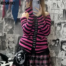 KOSAHIKI Pink Black Striped Hoodie 2024 Harajuku Girl  T-shirts Japanese Sweet Long Sleeve Women Ears Hooded Gothic Punk