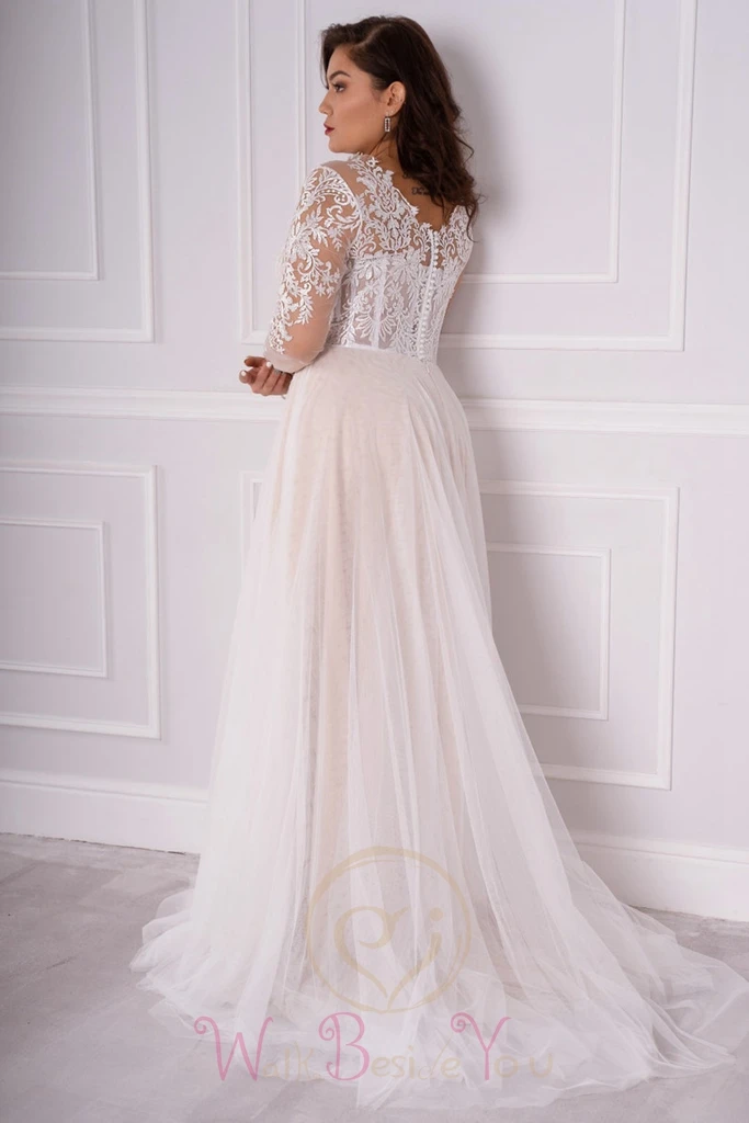 Vestidos de novia de talla grande, vestidos de novia de tul de encaje, mangas largas, cuello de pico profundo, línea A, cuello redondo, boda, encaje Floral precioso