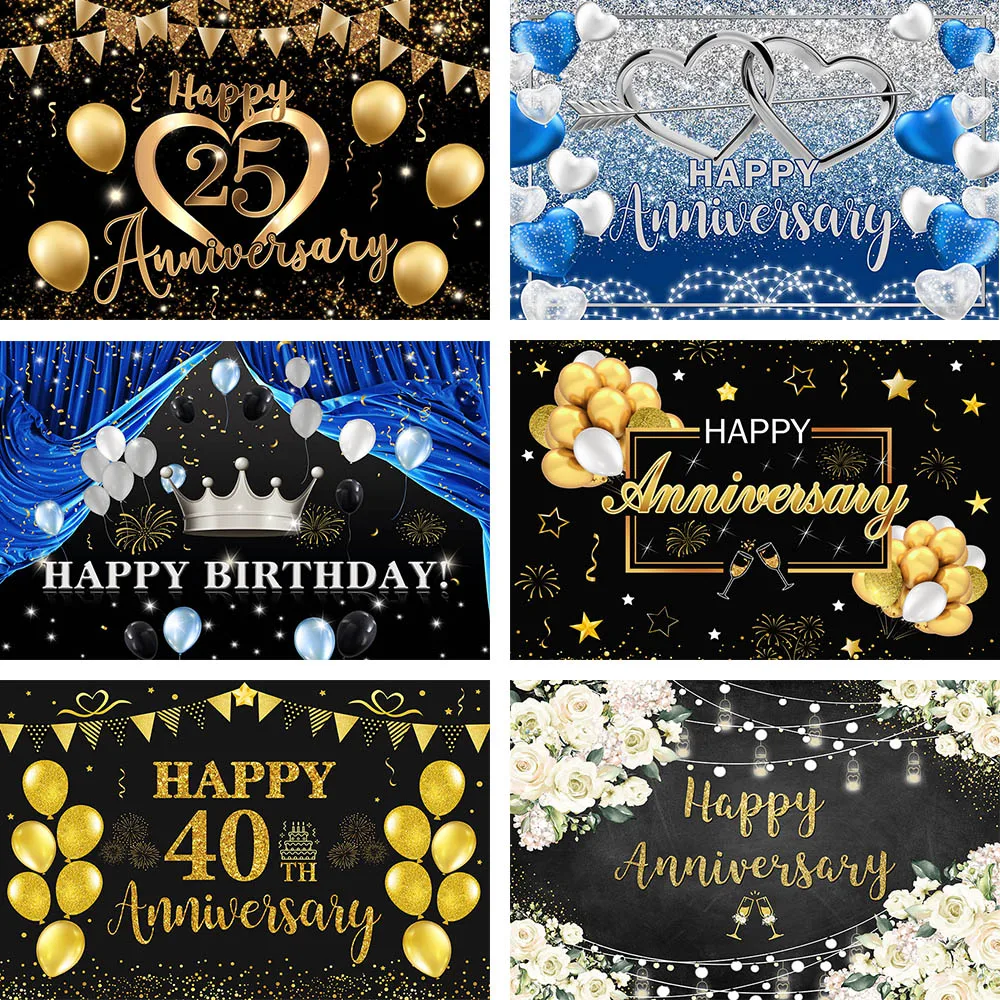 Avezano Photography Backdrops Happy Anniversary Golden Balloon Flower Photography Birthday Decoration Background Photo Studio