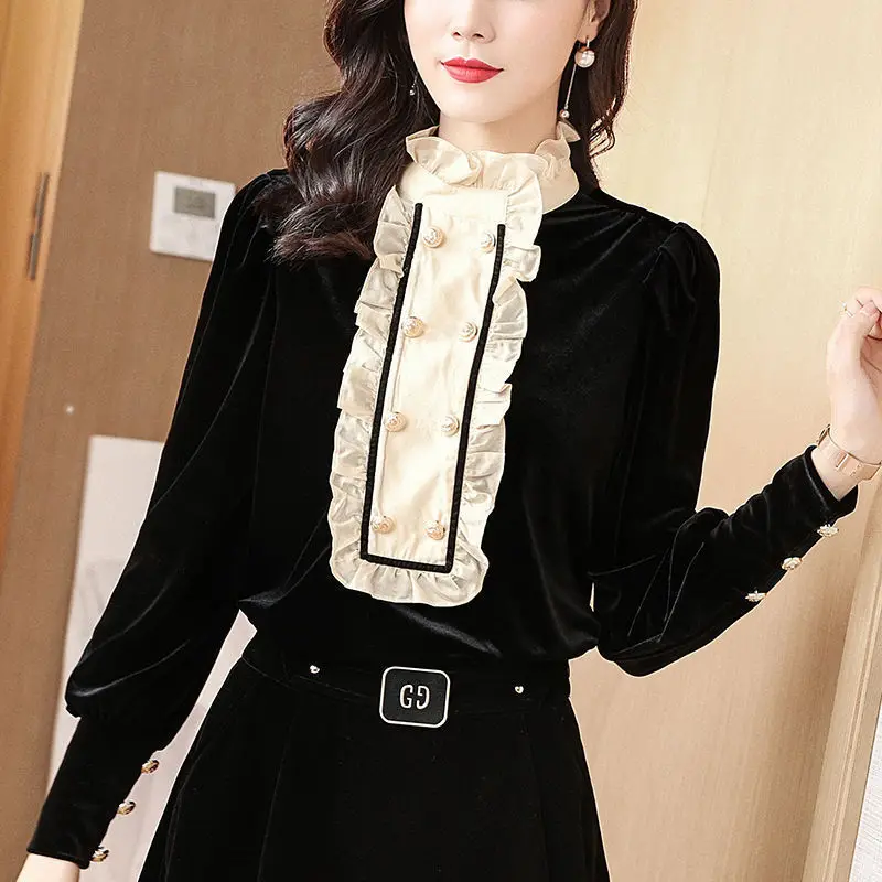 Vintage French Ruffled Elegant Blouses Women\'s Clothing 2024 Spring Spliced Lantern Sleeve Pullovers Office Lady Flannel Shirts