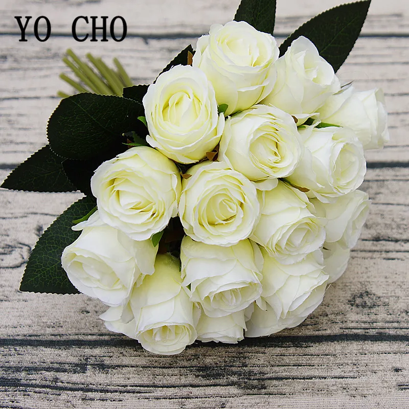 YO CHO Artificial Flower Bouquet 18 Heads Silk Rose Fake Flower White Bridesmaid Wedding Bouquet Home Party Wedding Table Decor