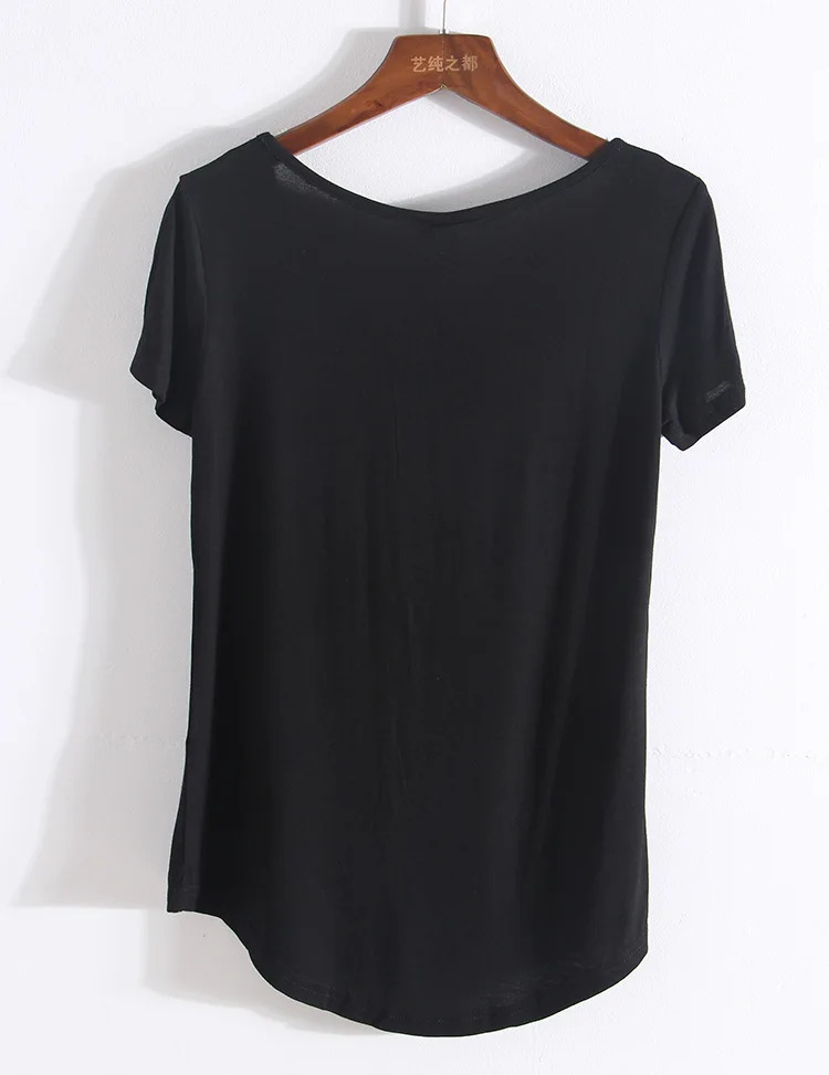 T-shirt morbida in puro colore con scollo a v manica corta estiva tasca modale HanOrange nero/grigio/bianco/Beige