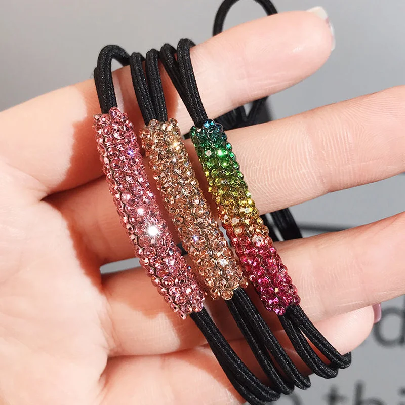 Luxury Zirco Rhinestone Hair Scrunchie Women Square Crystal Elastic Hair Bands Rubber Rope Girls Ribbon Bows Hair Accessories