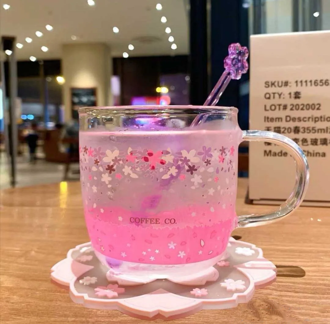 Cute cherry blossom glass coffee cup men and women gift couple drinking glass straw cup