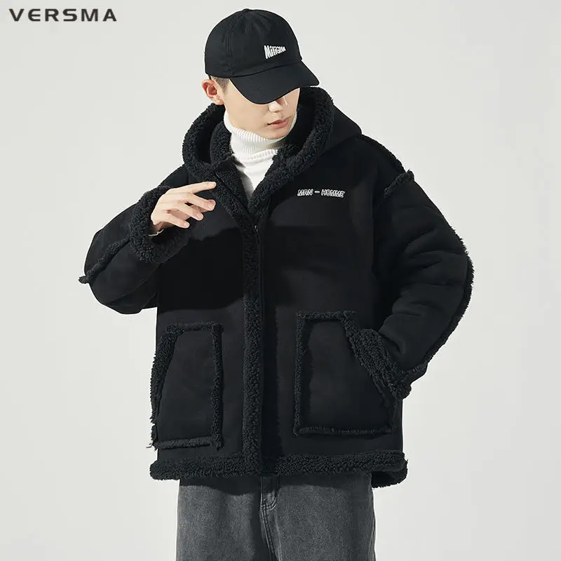 VERSMA Korean Harajuku Lamb Wool Cotton Padded Jacket Coat Men Women Motorcycle Loose Winter Jacket Coat Men Parka Dropshipping