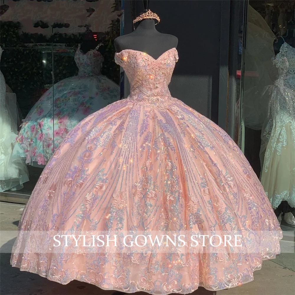 Charming Pink Sparkly Off The Shoulder Ball Gown Beaded Sequined Quinceanera Dress Princess Sweet 16 15 Year Girl Party Dresses