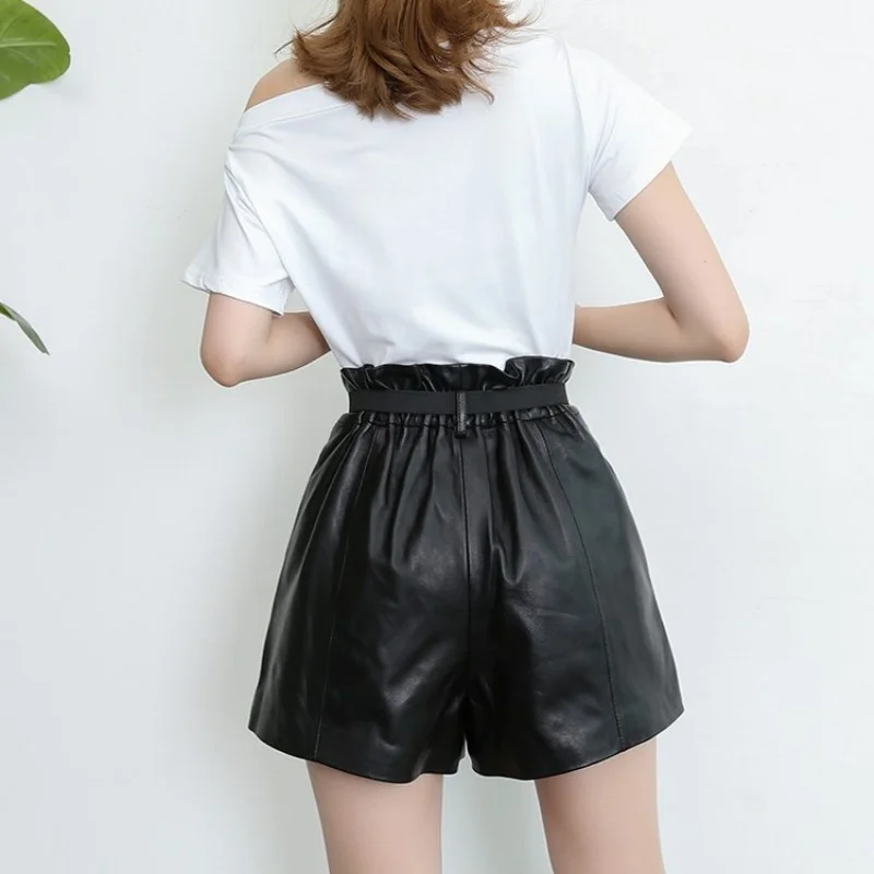 Genuine 100% Leather Loose Wide Leg Shorts Women Sashes Elastic High Waist Casual Shorts Autumn New OL Style Black Shorts Female