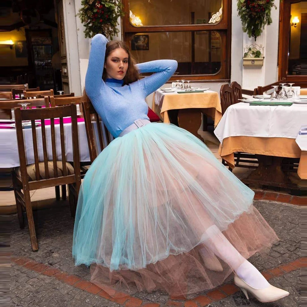 

Fashion 2 Mixed Colors Tulle Skirt High Waist Mid-Calf Tiered Tulle Colorful Women Skirts Saia Longa Faldas Custom Made