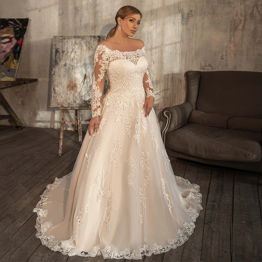 Vestido De novia De manga larga con cuello redondo, Vestido De novia personalizado De talla grande, Apliques De encaje, cremallera trasera con botones, vestidos De novia