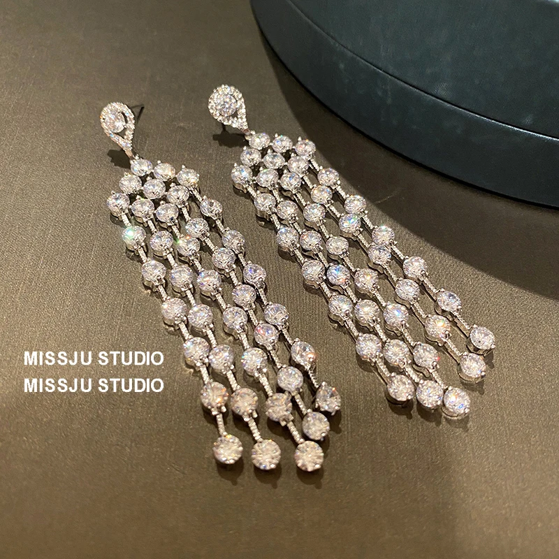 S925 Silver Needle Drop Earrings For Women Super Flash Long Tassels White Cubic Zircon Fine Jewelry Accessories 6