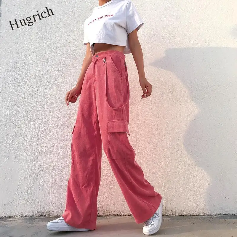 

Women Casual Pockets Patchwork Cargo Pants 2020 High Waist Straight Trousers Women Pants