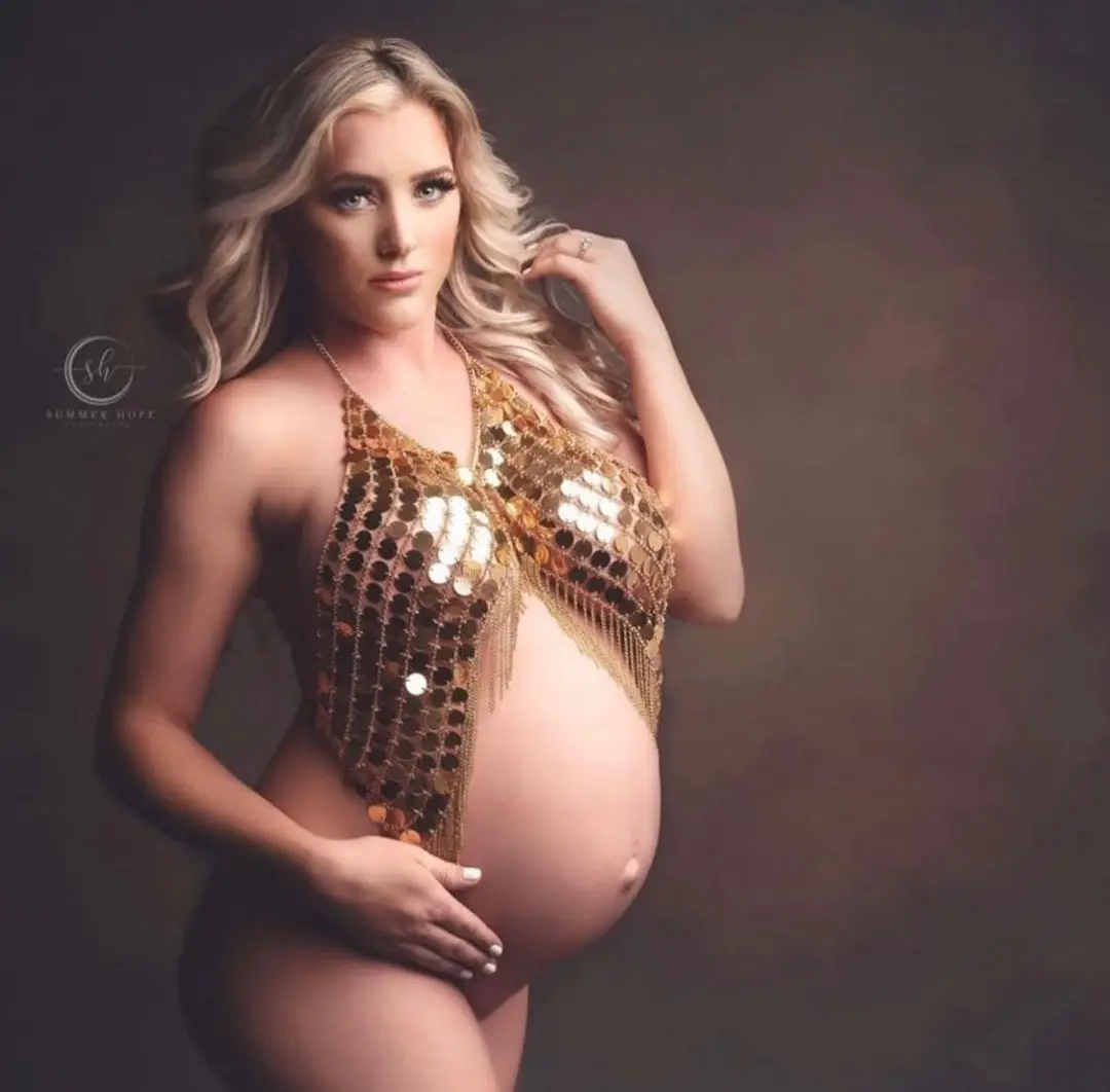 Maternity Photography Props Dress Gold Sequins for Pregnancy Clothes Goddess Crystal Crown Headband For Photo Shoot Accessories