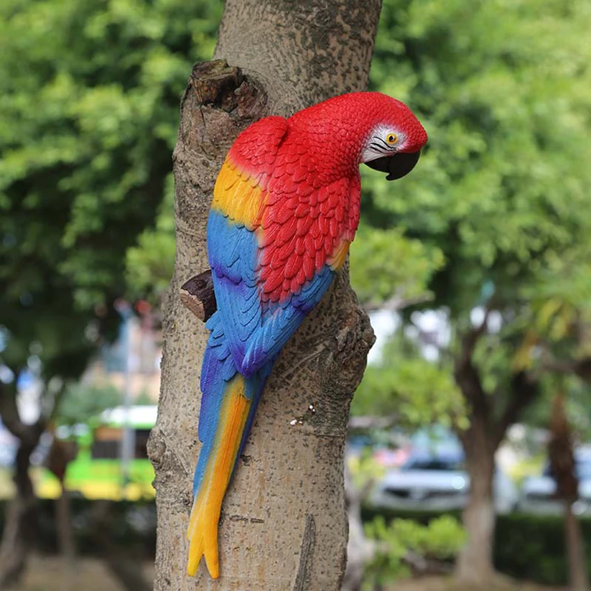 Realistic Parrot Lifelike Bird Ornament Resin Animal Model Statues DIY Garden Lawn Sculpture Tree Decoration, L, M, S