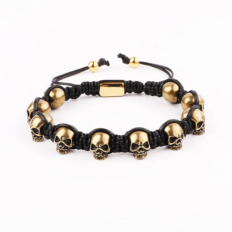 High Quality Vintage Brass Skull Charm Handmade Briaded Adjustable Macrame Beads Bracelet For Men