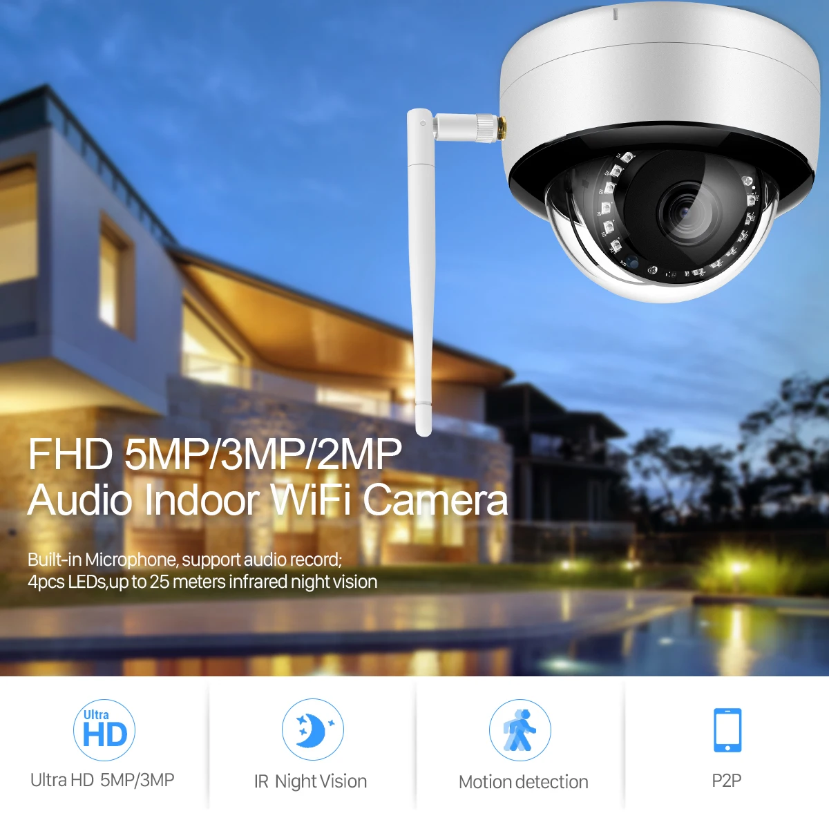 5MP IP監視カメラ,ワイヤレスセキュリティデバイス,P2Pプロトコル,赤外線暗視,HD 3MP,Wifi