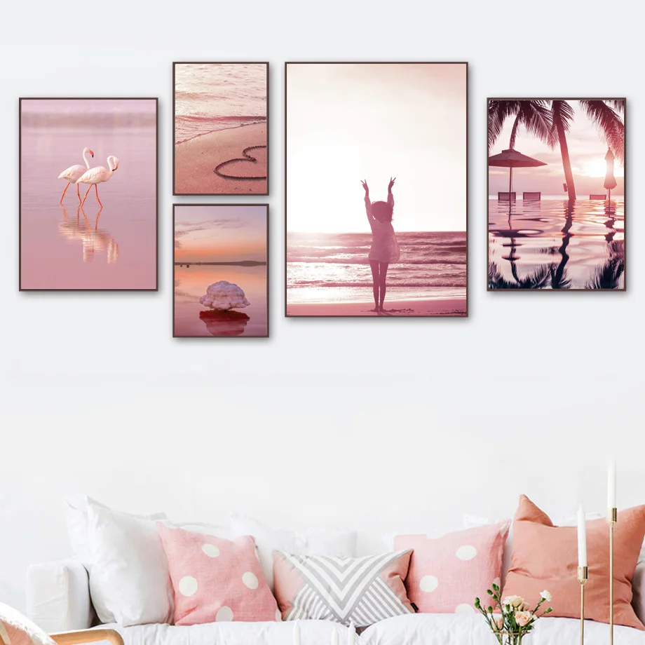 Pink Beach Girl Flamingo Palm Tree Quotes Wall Art Canvas Painting Nordic Posters And Prints Wall Pictures For Living Room Decor