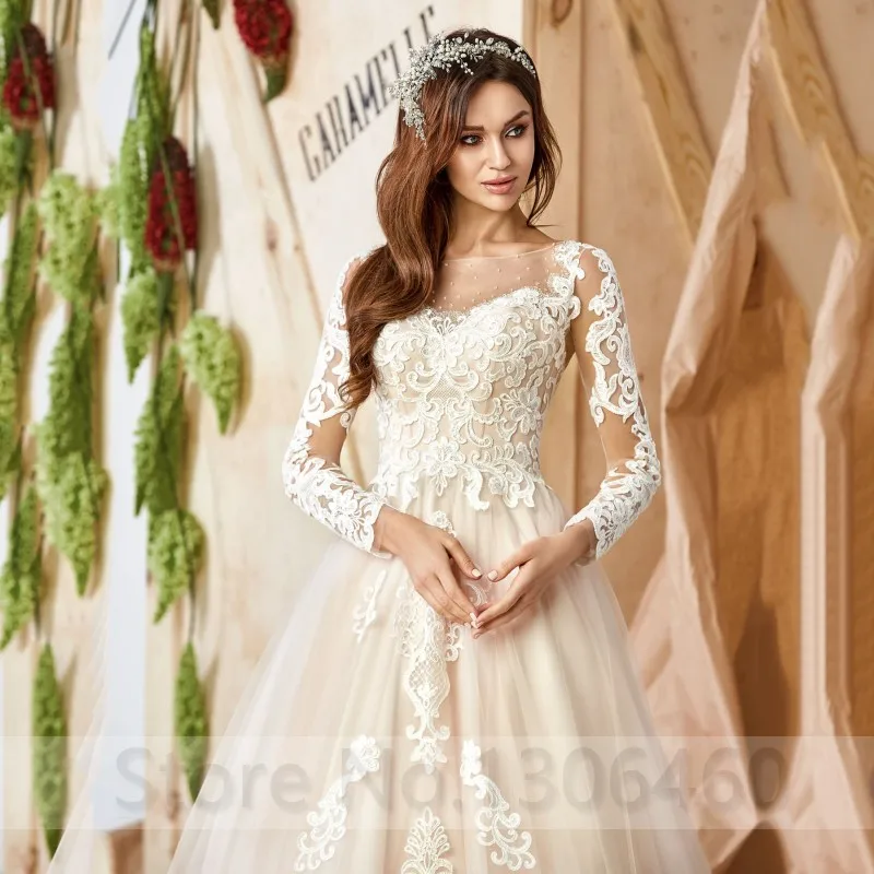 Vestido de novia de manga larga, prenda de tul transparente con cuello redondo, longitud hasta el suelo, apliques de encaje, con botones en la espalda