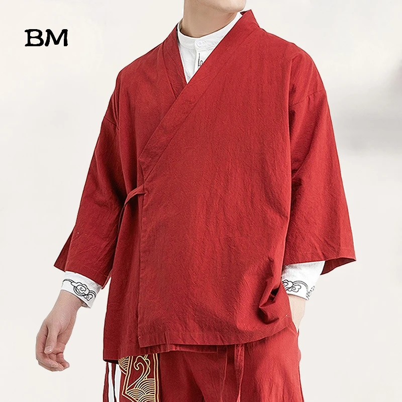 2020 Summer Chinese Style Linen Jacket Hanfu Men Costume Suit Loose Large Size Cotton Linen Retro Style Tang Suit Robe Male