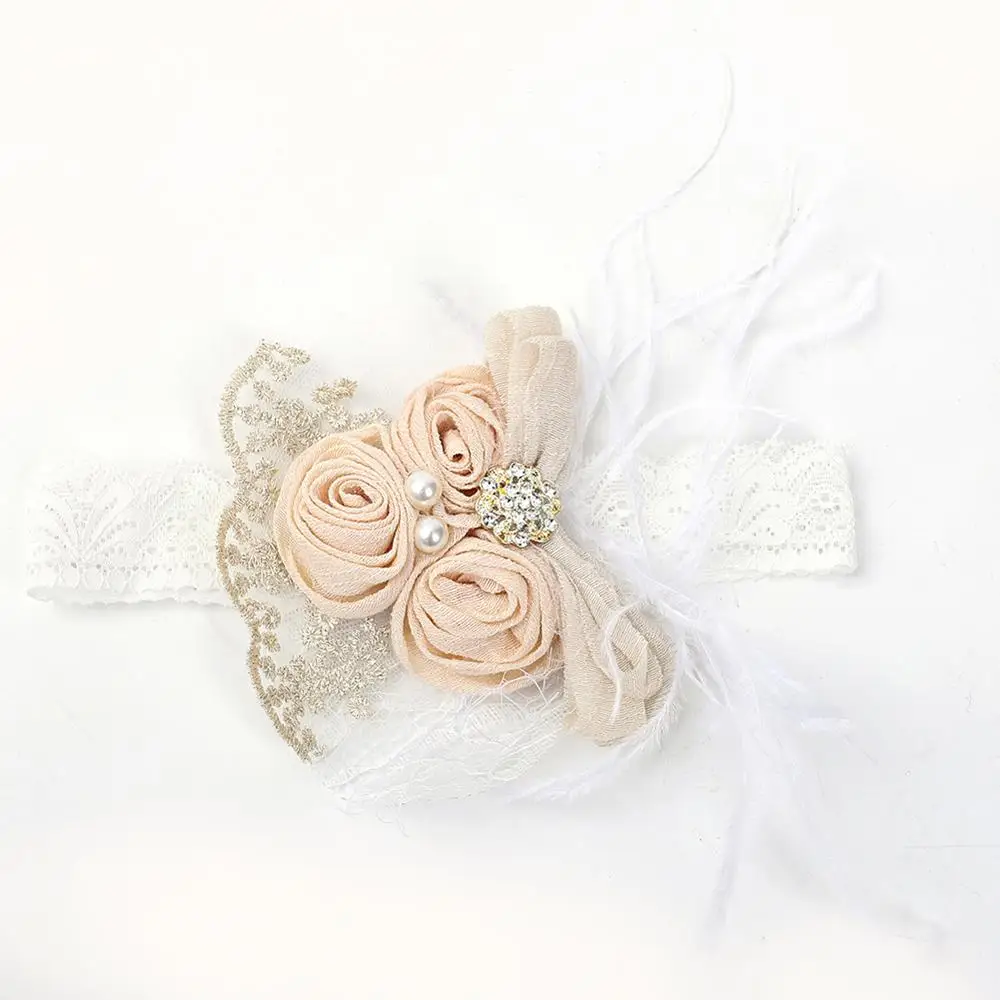 Satin Flower Feather Baby Headband White Lace Rhinestone Pearl Princess Girls Hair Band Vintage Fashion Newborn Accessories