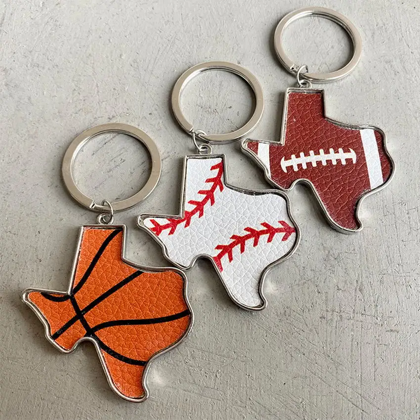 Faux Leather Baseball and Metal Texas Map Keychain Silver Color Sports Basketball Football Key Rings Bag Pendant Wholesale
