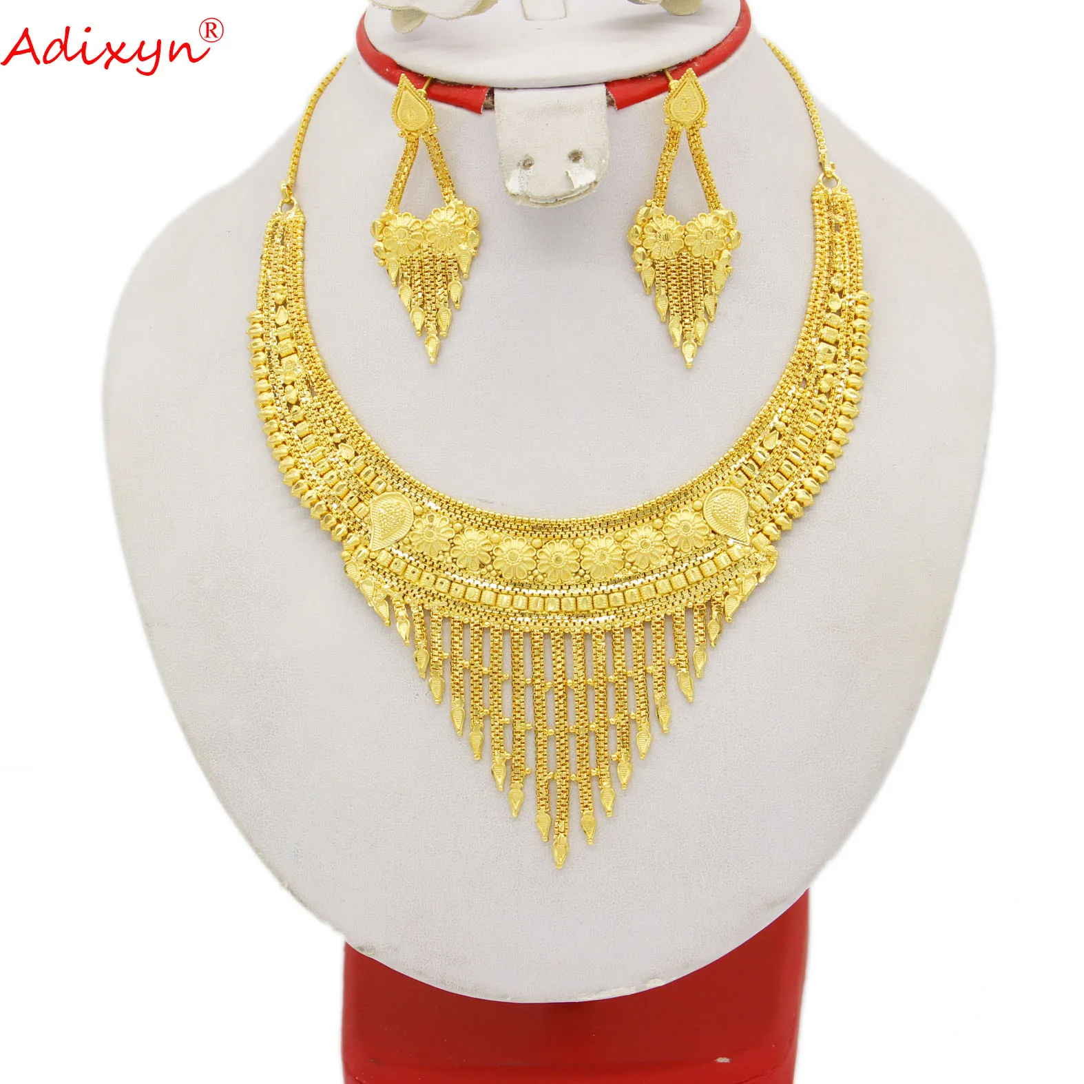 

Adixyn Dubai 24k Gold Color Tassels Earrings Necklace Jewelry Set for Bridal Women African Gifts N12162