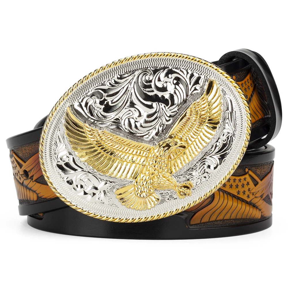 Cinto de couro masculino em relevo liga de ouro fivela águia ocidental cowboy cor dupla grande fivela cinto fahsion para homem luxo