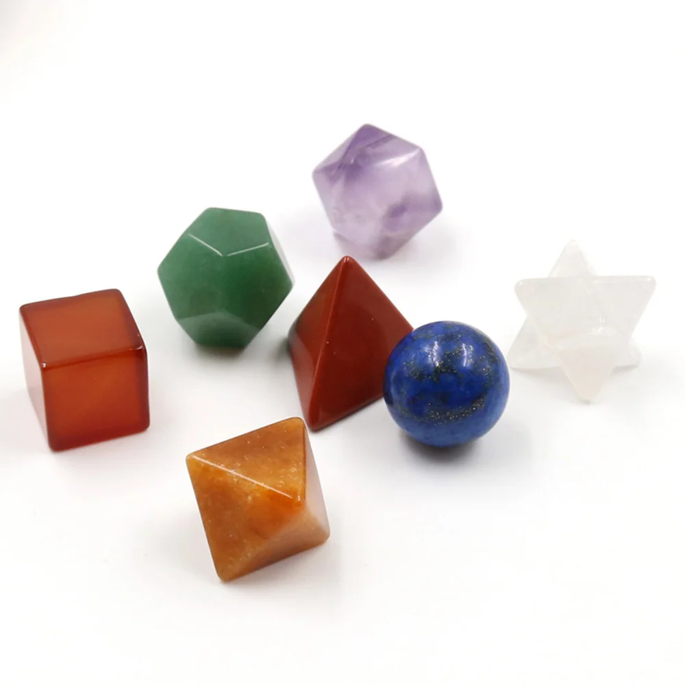 

7 Chakra Healing Crystal Platonic Solids Sacred Geometry Set with Merkaba Star Carved Chakra Stone Set for Crystal Healing Medit