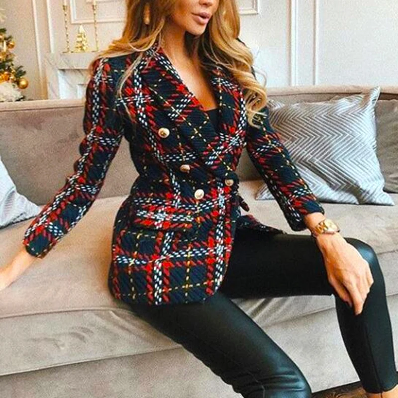 Blazer rouge à carreaux pour femmes, olympiques vintage en tweed printemps-automne, vestes de bureau pour dames, blazers minces chics pour filles,