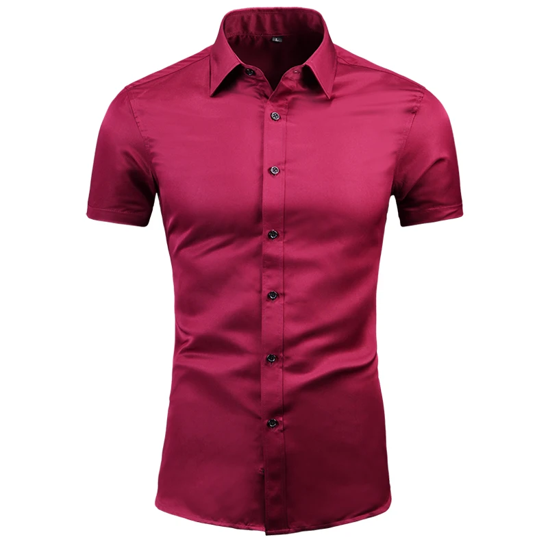 Anti-Wrinkle No-Ironing Elasticity Slim Fit Men Dress Casual Short Sleeve Shirt White Black Blue Red Male Social Formal Shirts