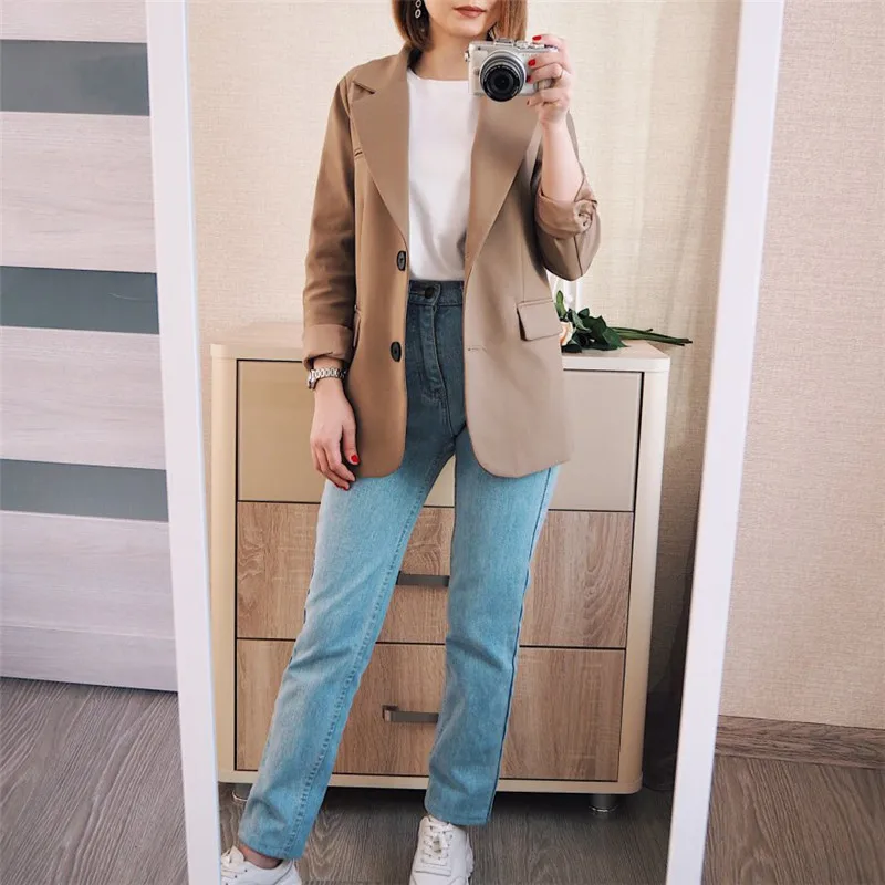 Sungtin New Spring Women Blazer Jacket Casual Khaki Work Suit Coat Office Lady Fashion Pockets Long Sleeve Slim Blazers Female