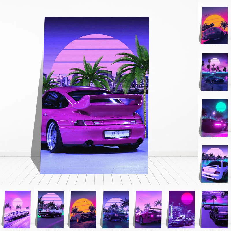 

No Frame Car Synthwave Wall Art Print Canvas Painting Nordic Posters and Prints Wall Pictures