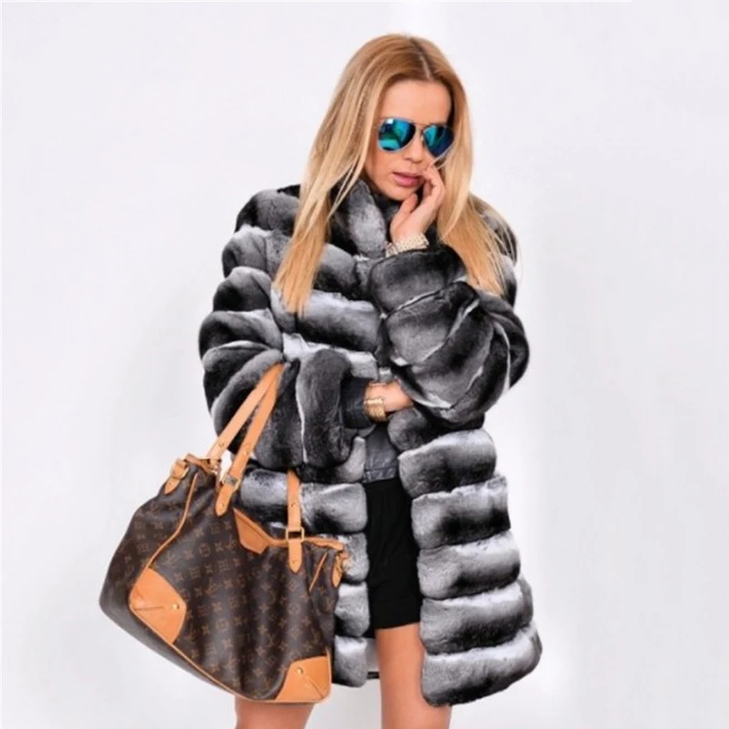 Long Real Rex Rabbit Fur Coat Stand Collar Thick Warm Winter Fashion Natural Rabbit Fur Coats Whole Skin Luxury Fur Overcoats