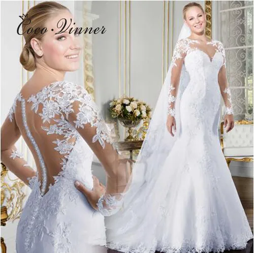 Imagen 1 del producto Vestidos de novia de sirena de manga larga con cuello en V personalizados 2025 nueva ilusión espalda Apliques de encaje elegante vestido de novia para mujer W0058
